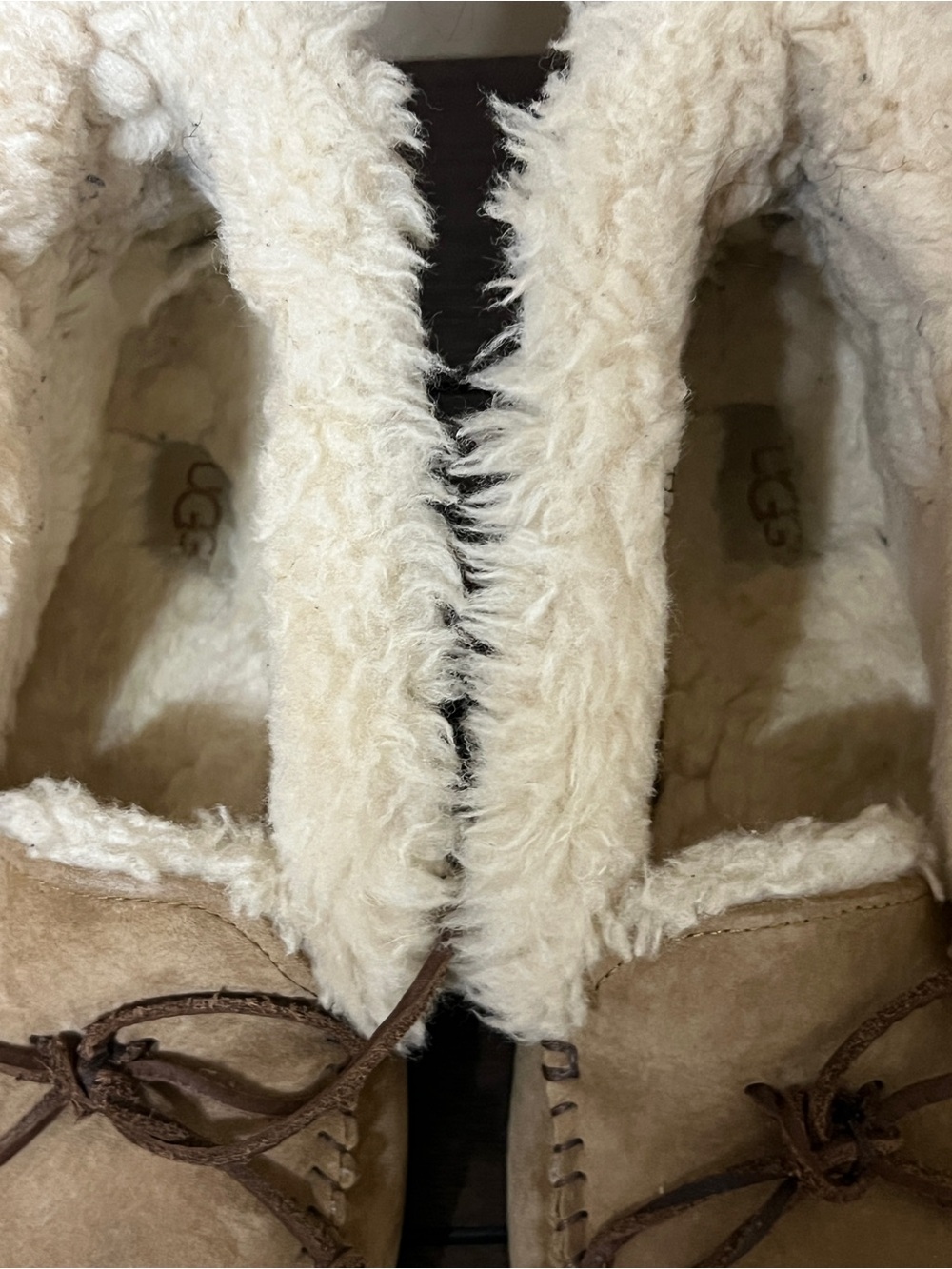UGG Chestnut/Tan Suede Moccasin Slippers with Cream Shearling - Picture 5 of 7